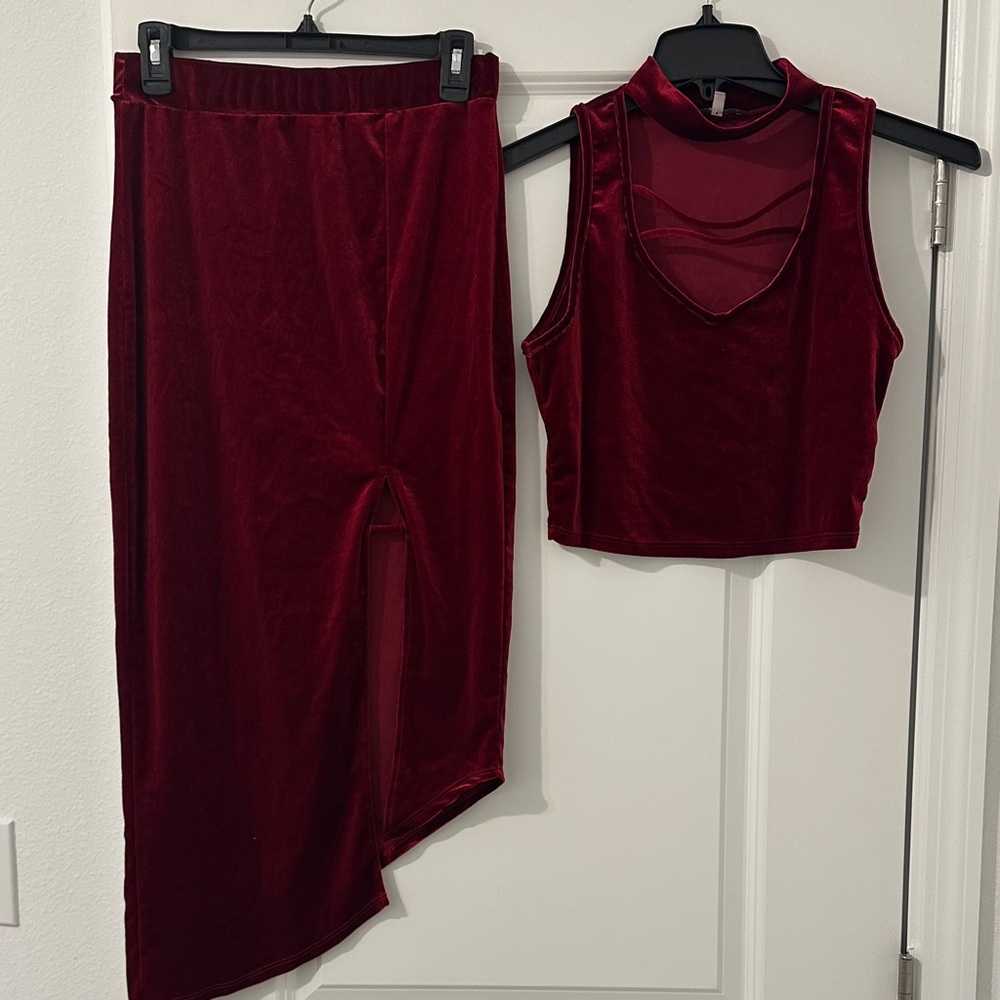 Charlotte Russe Deep Red Velvet Skirt Set
